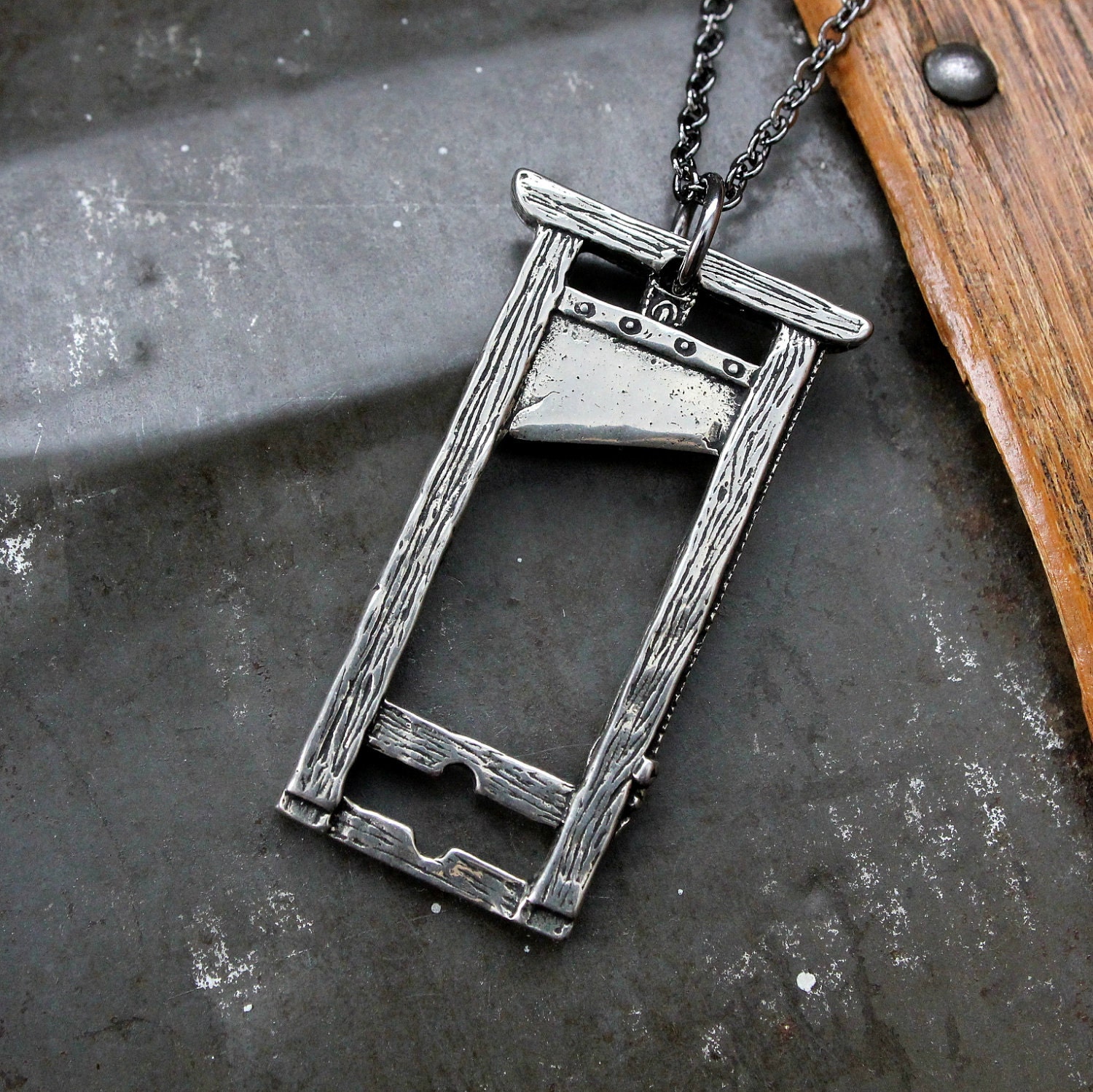 French Guillotine Pendant Necklace in Solid White Bronze with Sterling Silver Overlay