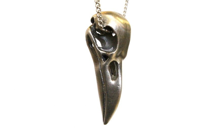 Silver Raven Skull Necklace Large