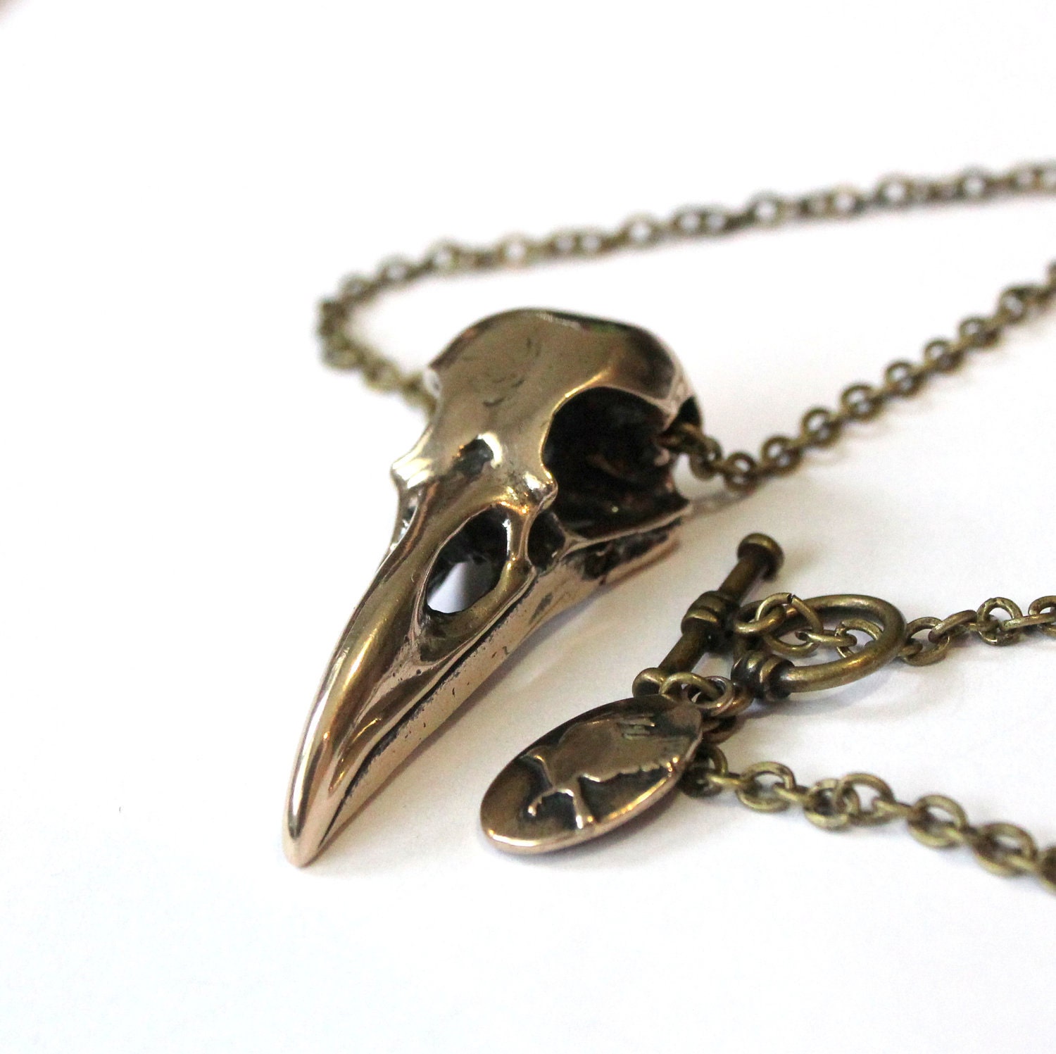 Raven Skull Bird Skull Pendant Necklace in Jewelers Grade Bronze