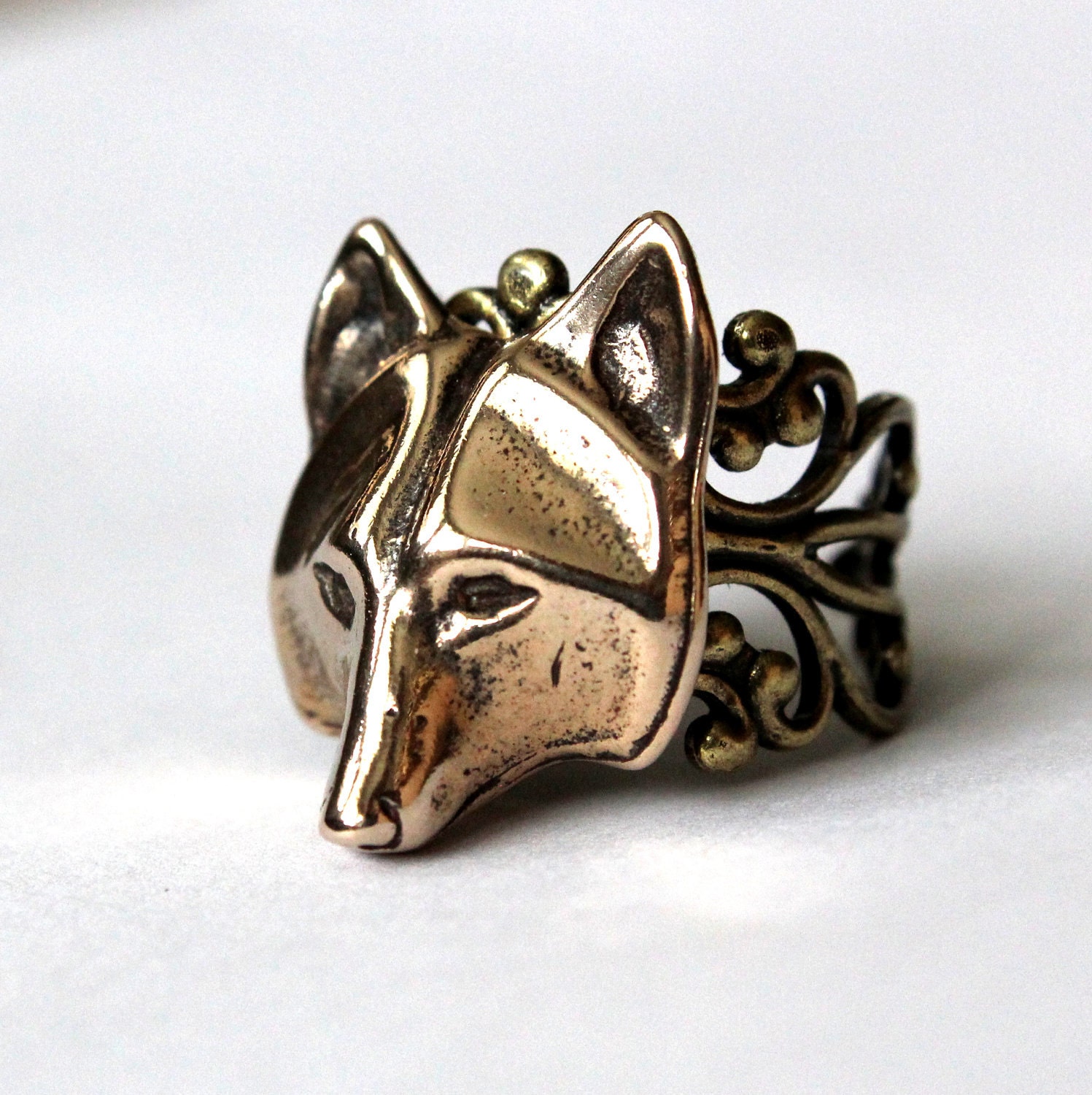 Golden Wolf Mask Ring Adjustable Filigree In Bronze