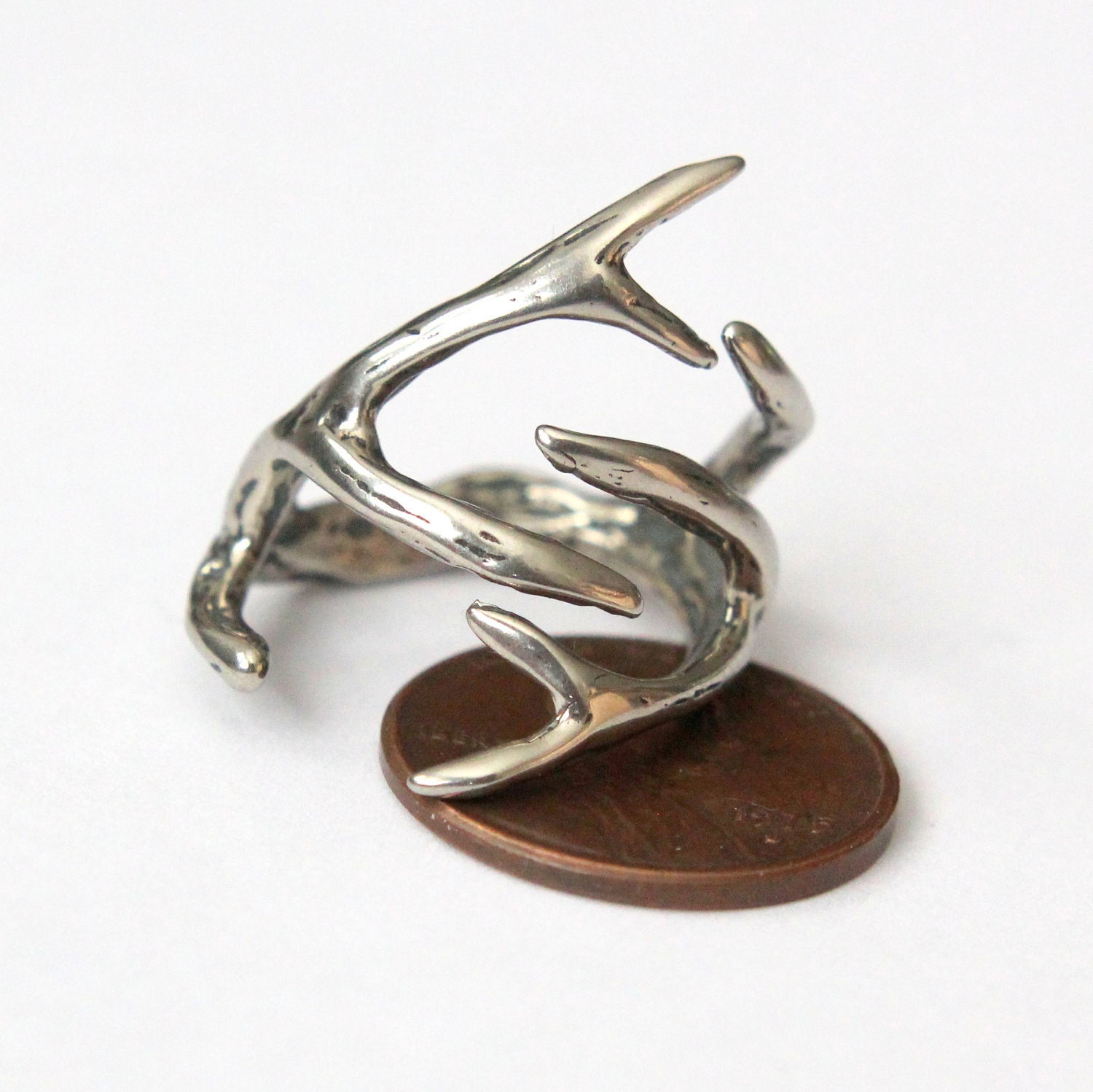 Silver Deer Antler Ring -Sterling Overlay on Solid White Bronze by Moon Raven Designs