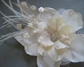 Ivory flower with feathers, veil, vintage millinery leaves and rhinestones - LA SALLE no.14