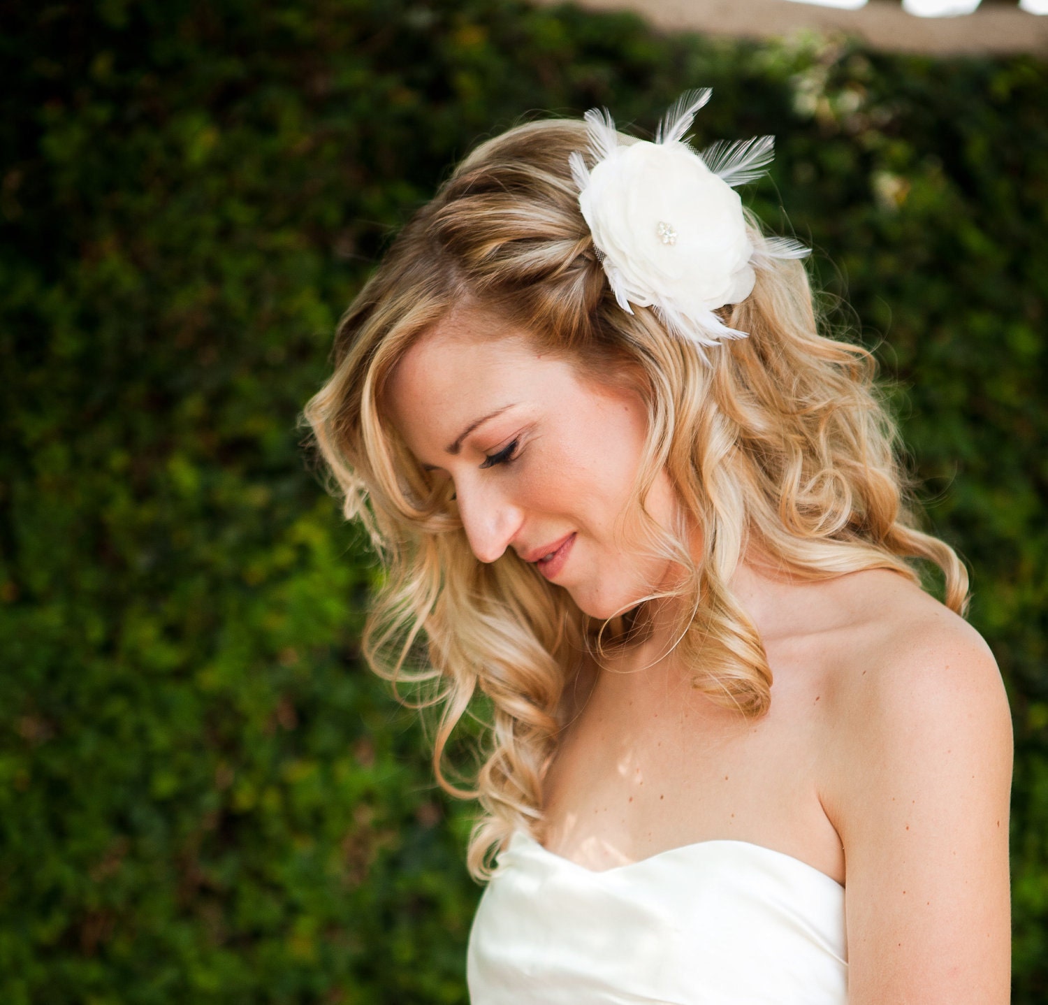 Diamond white bridal flower with cruelty free feathers and rhinestones - CHICAGO no.65