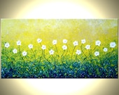 ORIGINAL Abstract White Daisies FLOWERS Blossom Impasto Landscape Textured Palette Knife Painting Lafferty 48 x 24, 22% Off