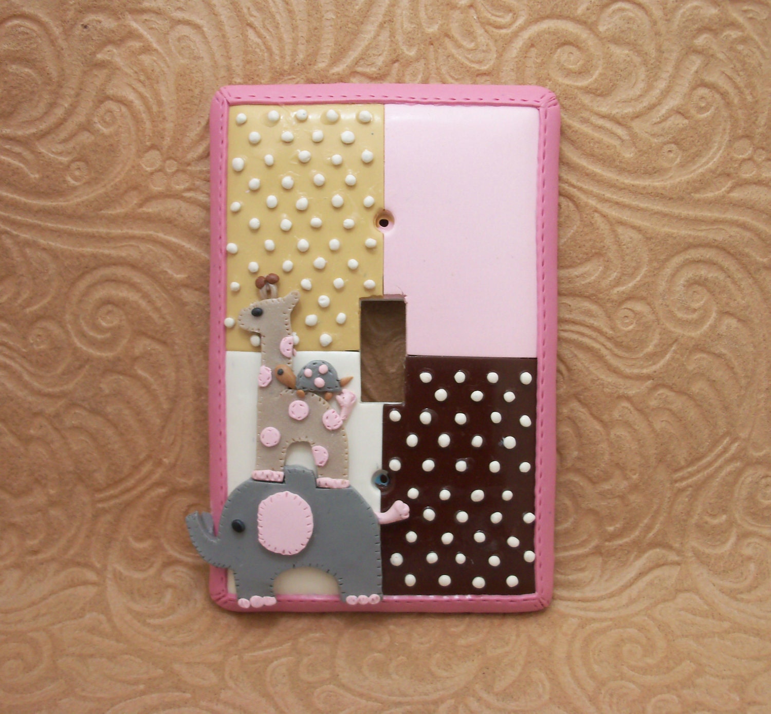 Ameila - Elephant, Giraffe, Turtle Light switch cover - Brown and Pink - Nursery Accessories