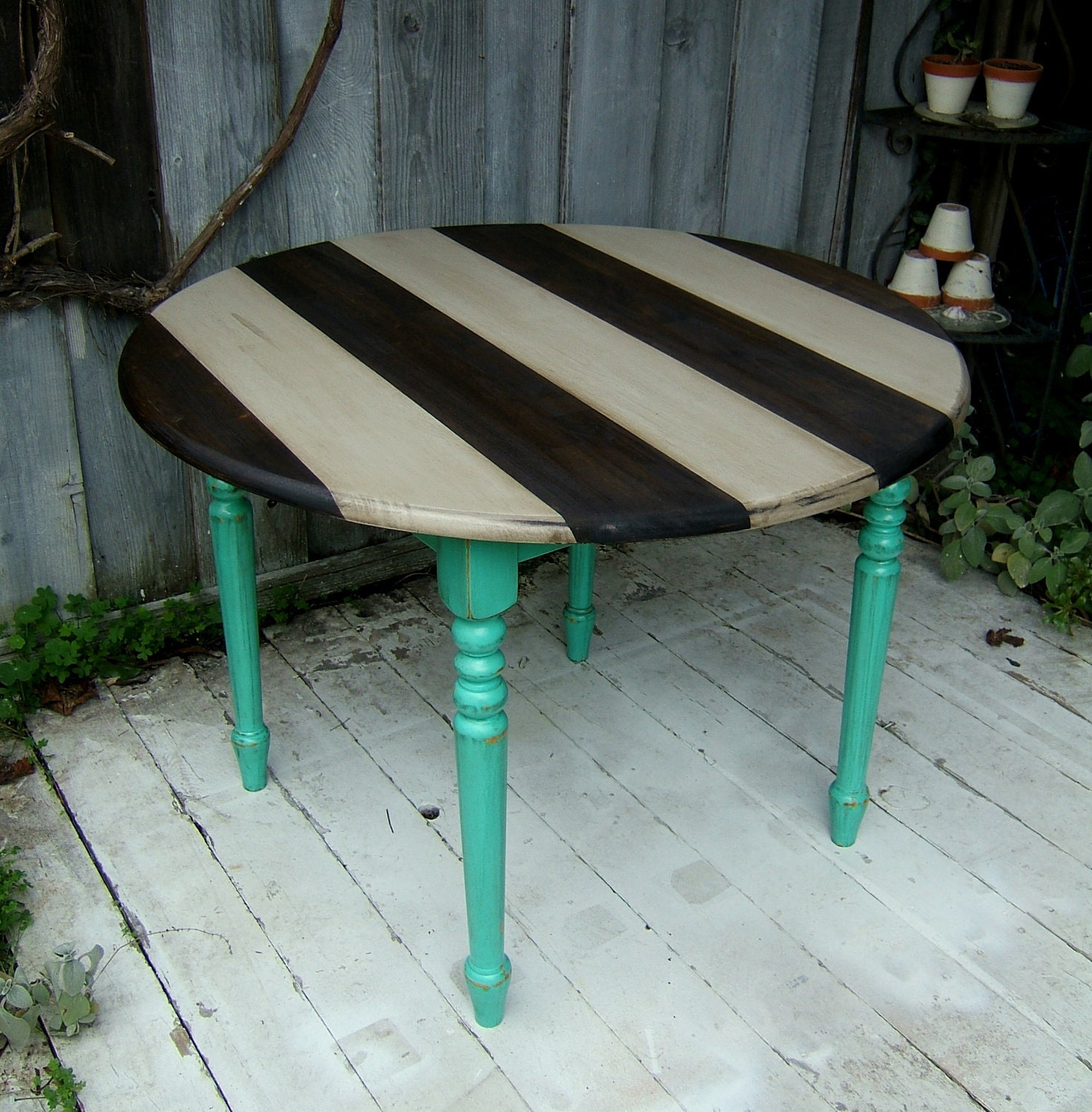 Striped Shabby Chic Kitchen Table - Turquoise, Grey, and Jacobean