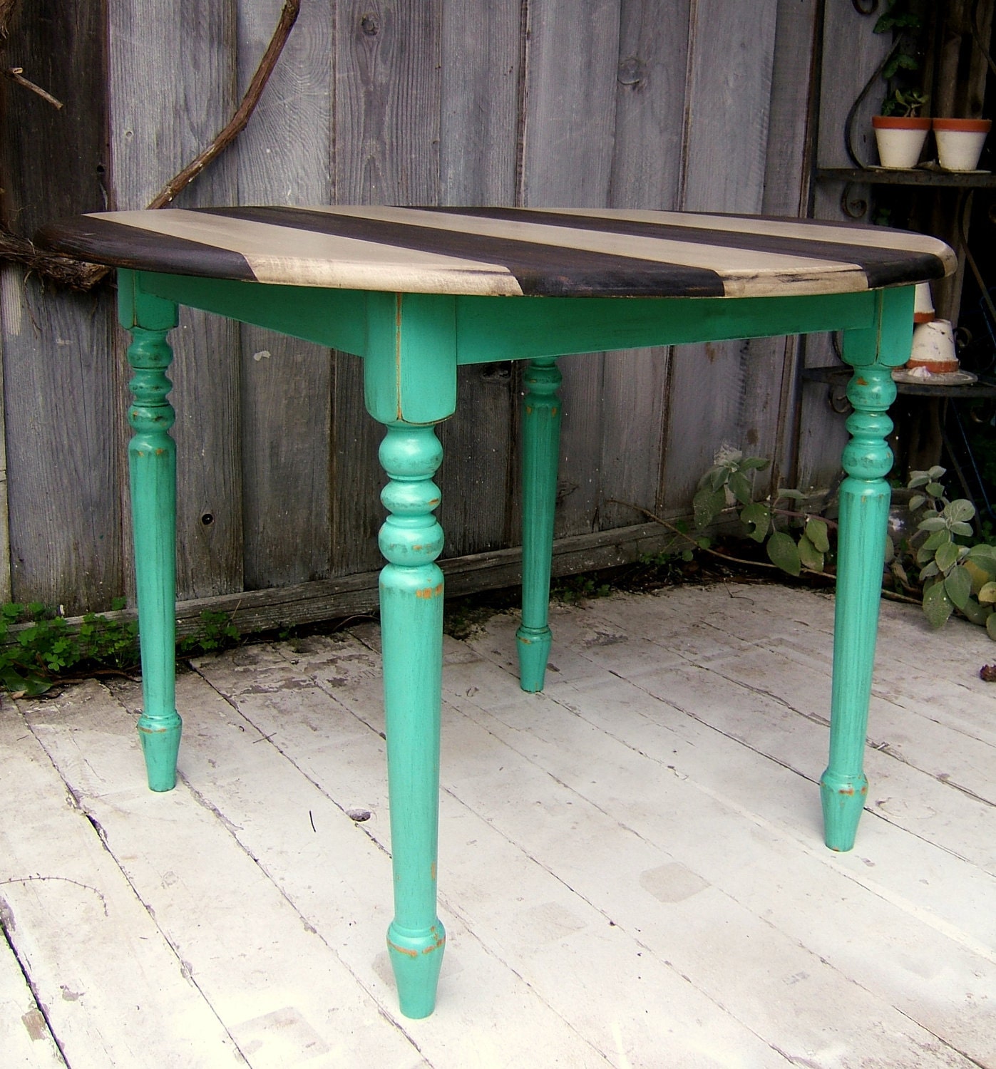 Striped Shabby Chic Kitchen Table - Turquoise, Grey, and Jacobean