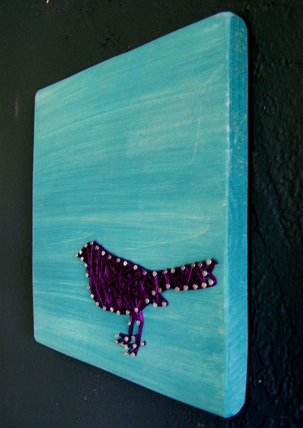Modern String Art Wooden Tablet - Purple Bird on Teal Wash