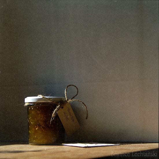 Green tomato jam. Fine art kitchen photography print. 8x8 (20x 20cm)