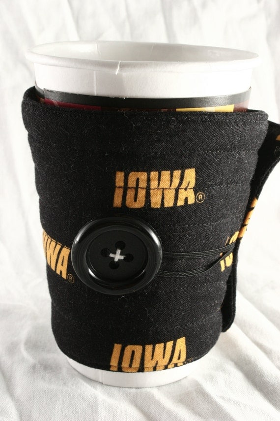 Hawkeyes, Iowa university,  coffee cup cozy, Handmade quilted reusable fabric coffee cup sleeve, team
