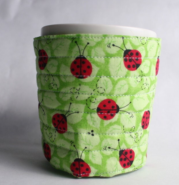coffee cup cozy red ladybugs fabric java jacket, mug cozy reuseable eco friendly, green: ladybugs