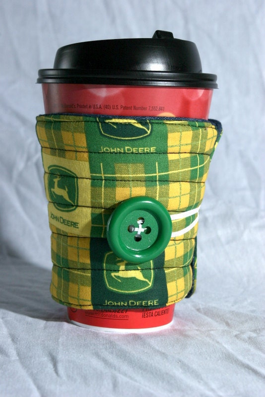 cup cozy, coffee cup sleeve cosy, fabric, quilted, green, yellow: John Deere
