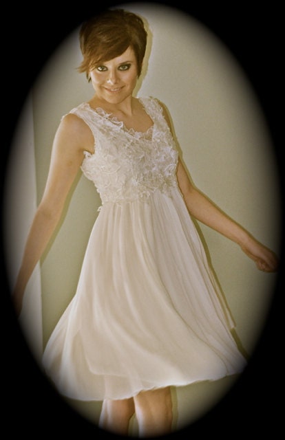 Fun, short, Silk, hand pleated Wedding Dress with Lace overlay, very feminine and ethereal, retro, long or short, custom made, A line