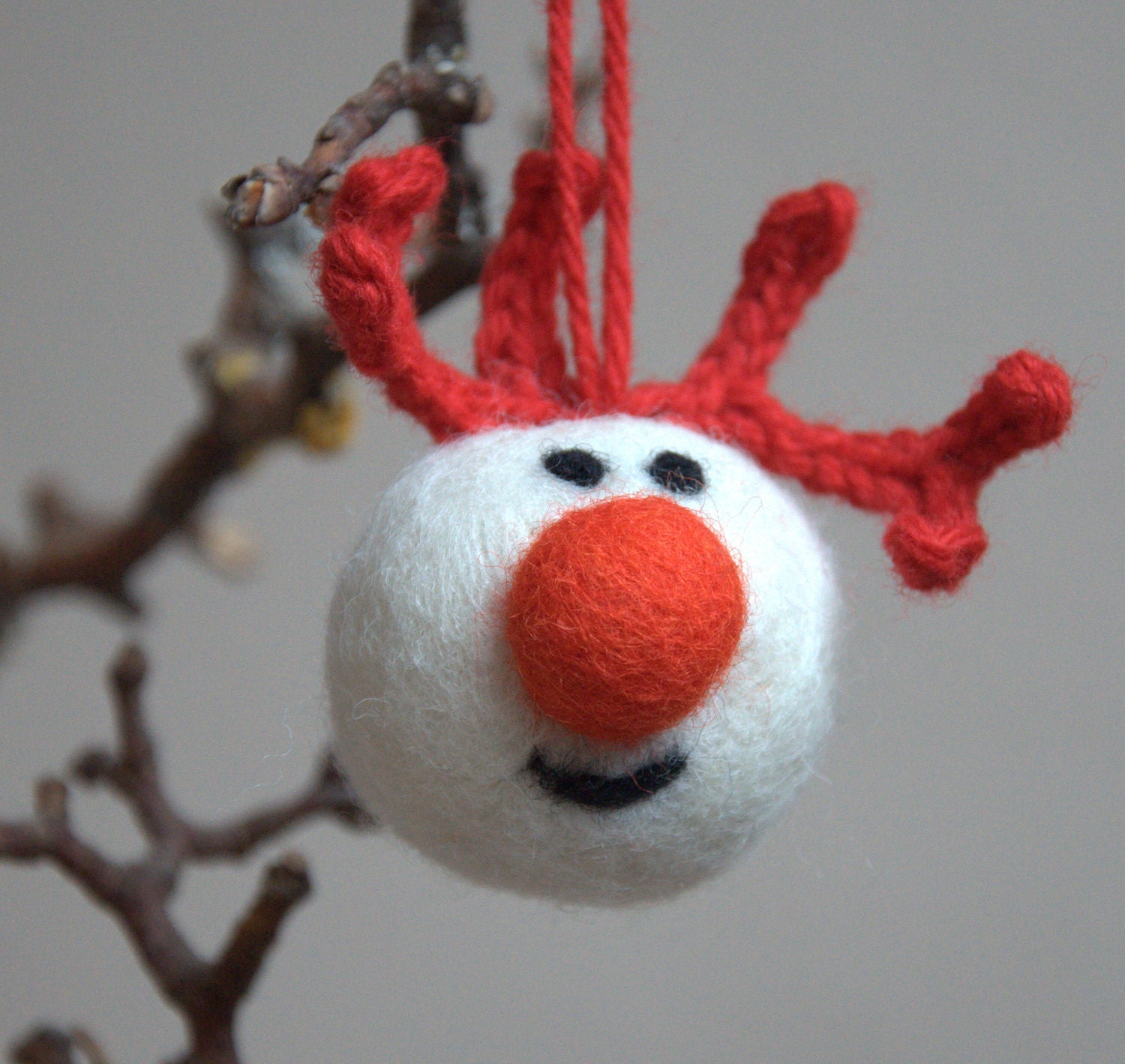 Felted Reindeer ornament hanging Rudolph white red antler and nose Christmas children eco friendly gift  felt wool fun fantasy ball Europe