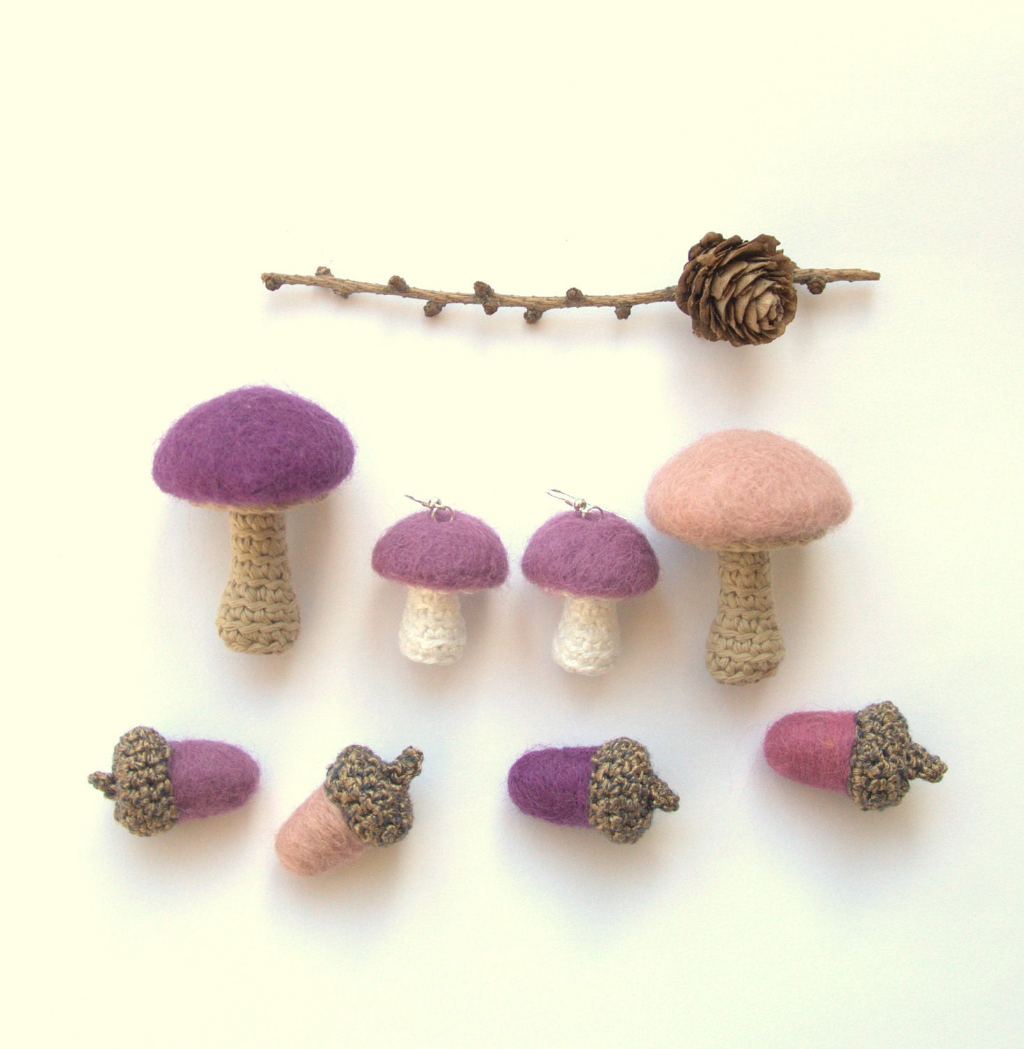 Purple mushroom earrings Alice in Wonderland jewelry woodland Birthday party wool autumn enchanted forest decoration Weddings favor
