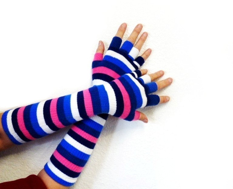 Fingerless Gloves Half finger gloves Striped Navy Blue White Pink Soft Cotton Goth
