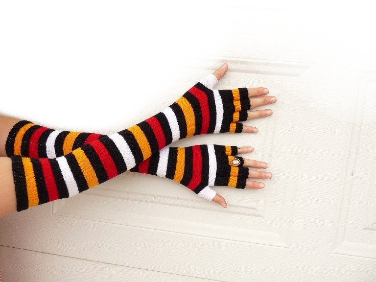 Lovely, Stripes, Steampunk, Long Arm Warmers, Bohemian, Half Finger, Fingerless Gloves