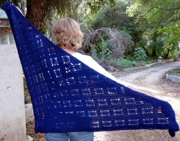 Hand Crochet Blue Triangle Shawl Wool Fall Fashion