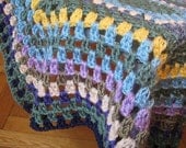 crocheted baby blanket, hexagon, blues, greens