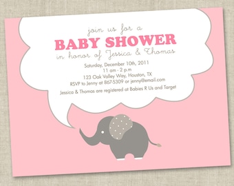 Elephant Baby Shower Invitations - baby girl Invites - gender neutral (DIY Printable Digital File OR Printed Cards)