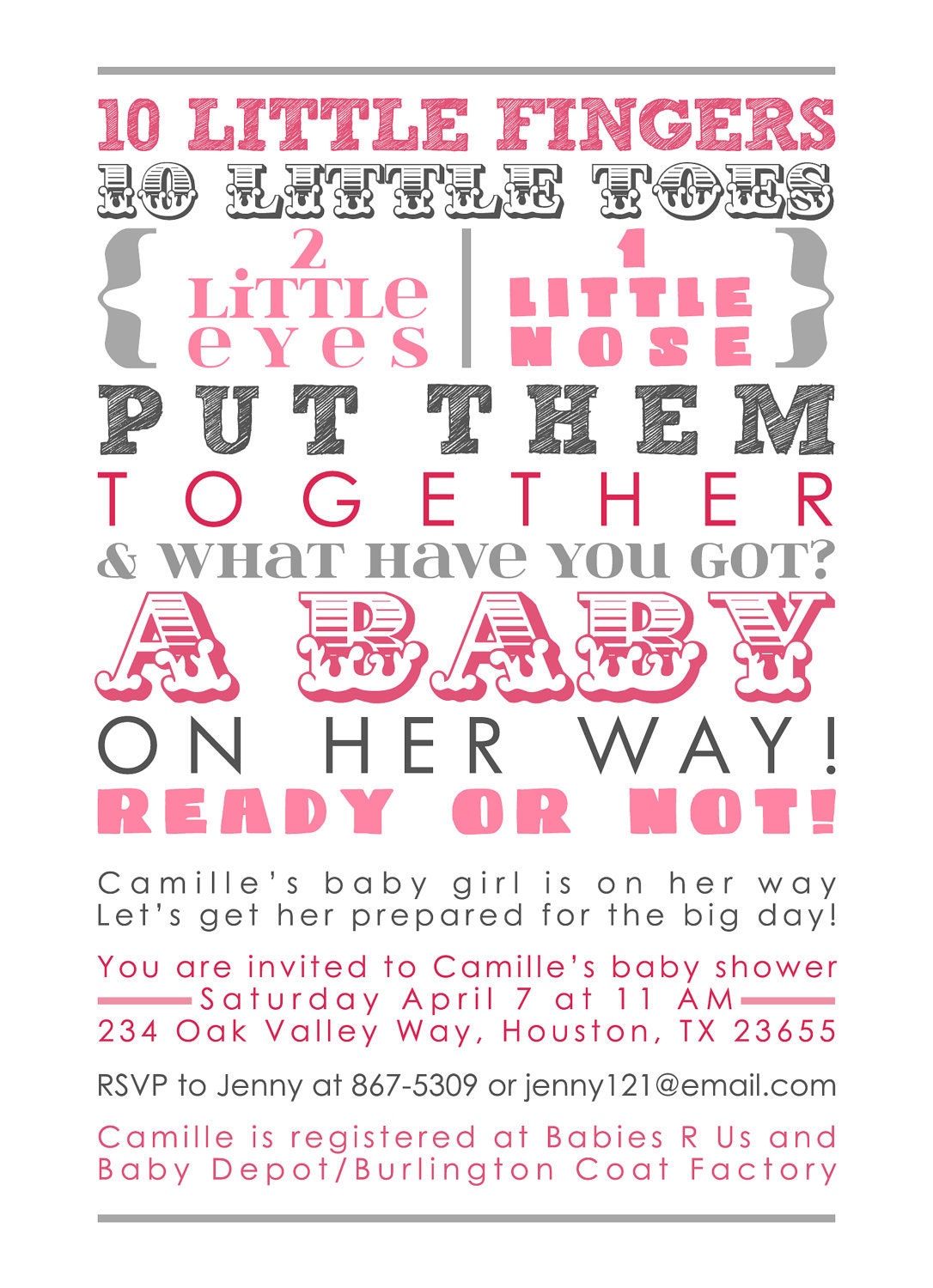 Baby Girl Shower Invitation - pink gray black words, girl, girly (Printable Digital File OR Printed Cards)