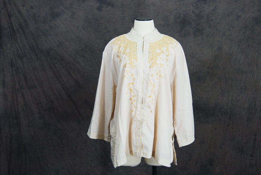 vintage 70s Blouse - Beige Embroidered Ethnic Phillipino Asian Blouse Sz XL XXL