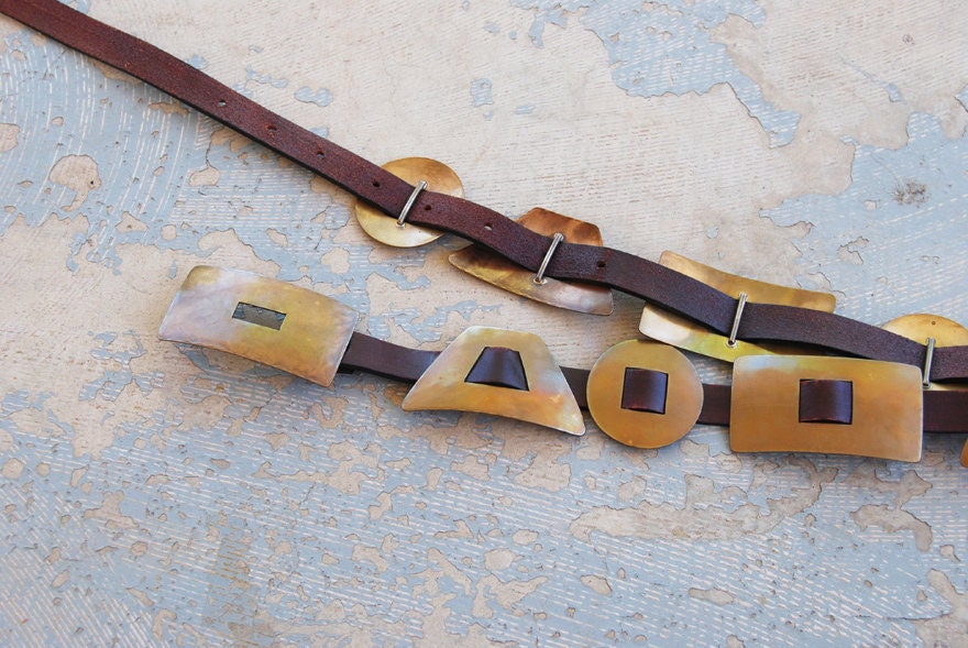vintage Avant Garde Belt - 80s Metal Belt - Geometric Bronze Tribal Leather Belt Sz M L XL