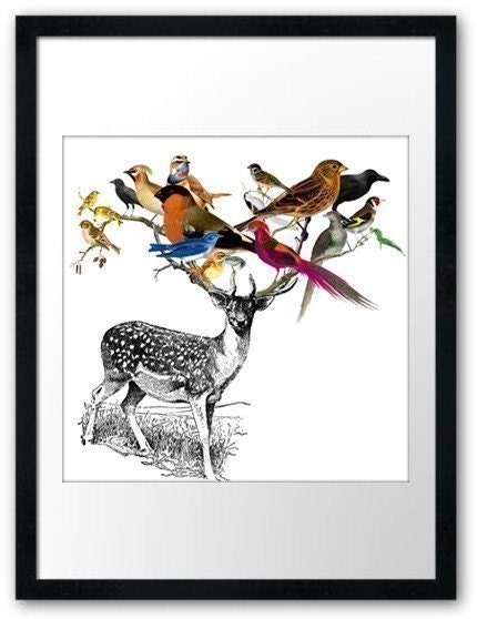DEER BIRDY - Deluxe 8x10 inch Print on A4bird featuring Vintage Deer and Beautiful Birds