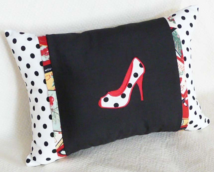 Girls Shoe Pillow, Whimsical, Appliqued, High Heel Shoe, Black White Red, Polka Dots, Embroidered, Unique, Birthday Gift, Oblong 14x20