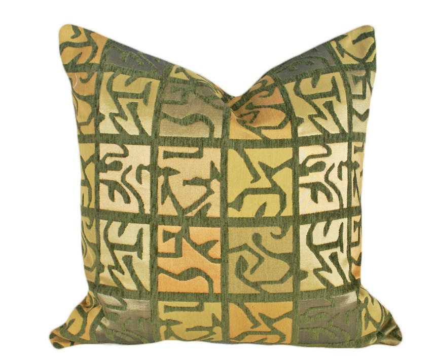 Tribal Pillows, Contemporary, Green, Decorative Throw Pillow, Luxury, Textured, Green Gold Orange, Cushion Cover, Home Decor 20x20