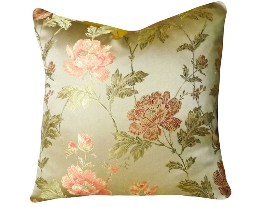 Green Decorative Throw Pillows, Traditional, Luxury, 14x20 Lumbar, Floral Orange Red Gold, Silky Iridescent, Accent Pillow, Cushion Cover