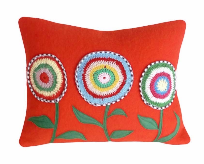 Unique RED Throw Pillows, Appliqued Crocheted Flower, Repurposed Wool Blanket Pillow, Eclectic, Eco Friendly, Rustic Cottage Chic 14x18