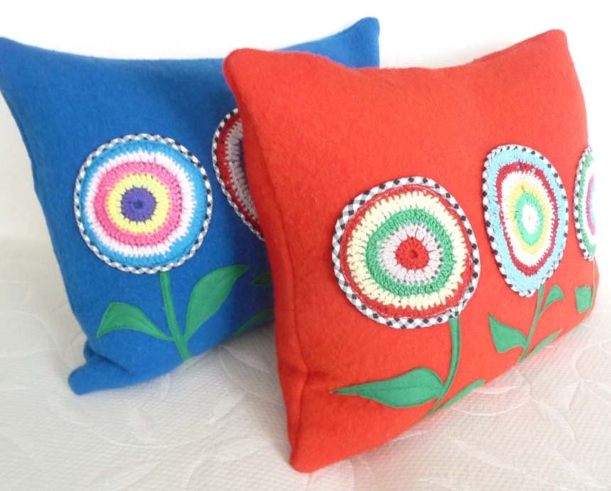 Boho Chic Blue Accent Pillow, Eco Friendly, Colorful Flower Toss Cushion, Repurposed Wool Blanket, Appliqued Crocheted Flower, 14x18