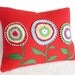 Unique RED Throw Pillows, Appliqued Crocheted Flower, Repurposed Wool Blanket Pillow, Eclectic, Eco Friendly, Rustic Cottage Chic 14x18