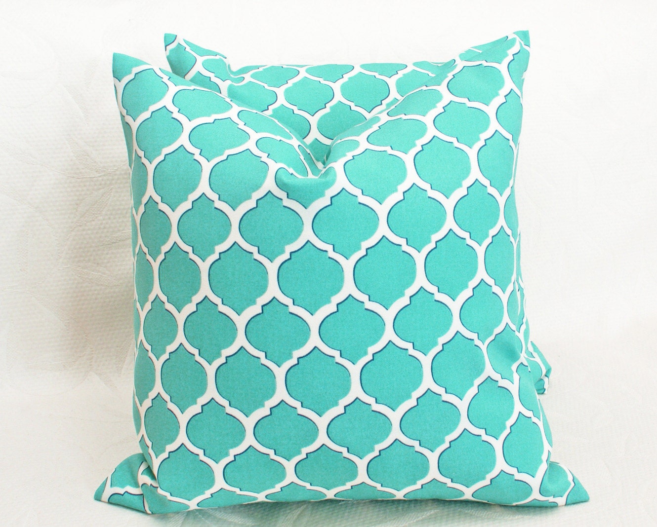 Turquoise Patio Pillows, Blue Geometric Cushions, Decorative Throw Pillows, Inside Outside Covers, Trellis Throw Pillows, Beach Decor 18x18
