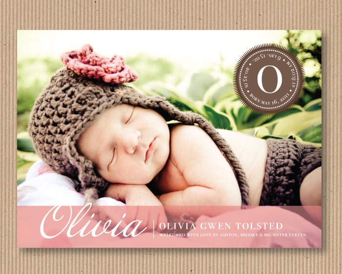 Custom Birth Announcement for Baby Girl, 5x7, PRINTABLE file- Modern Inital Seal