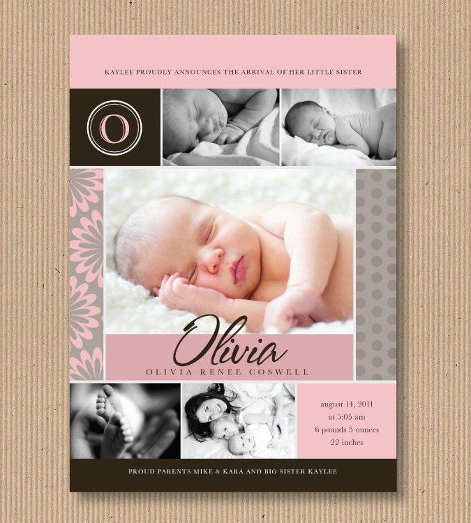 Girl Birth Announcement Photo Card,  I Customize You Print, Printable File - Blocks
