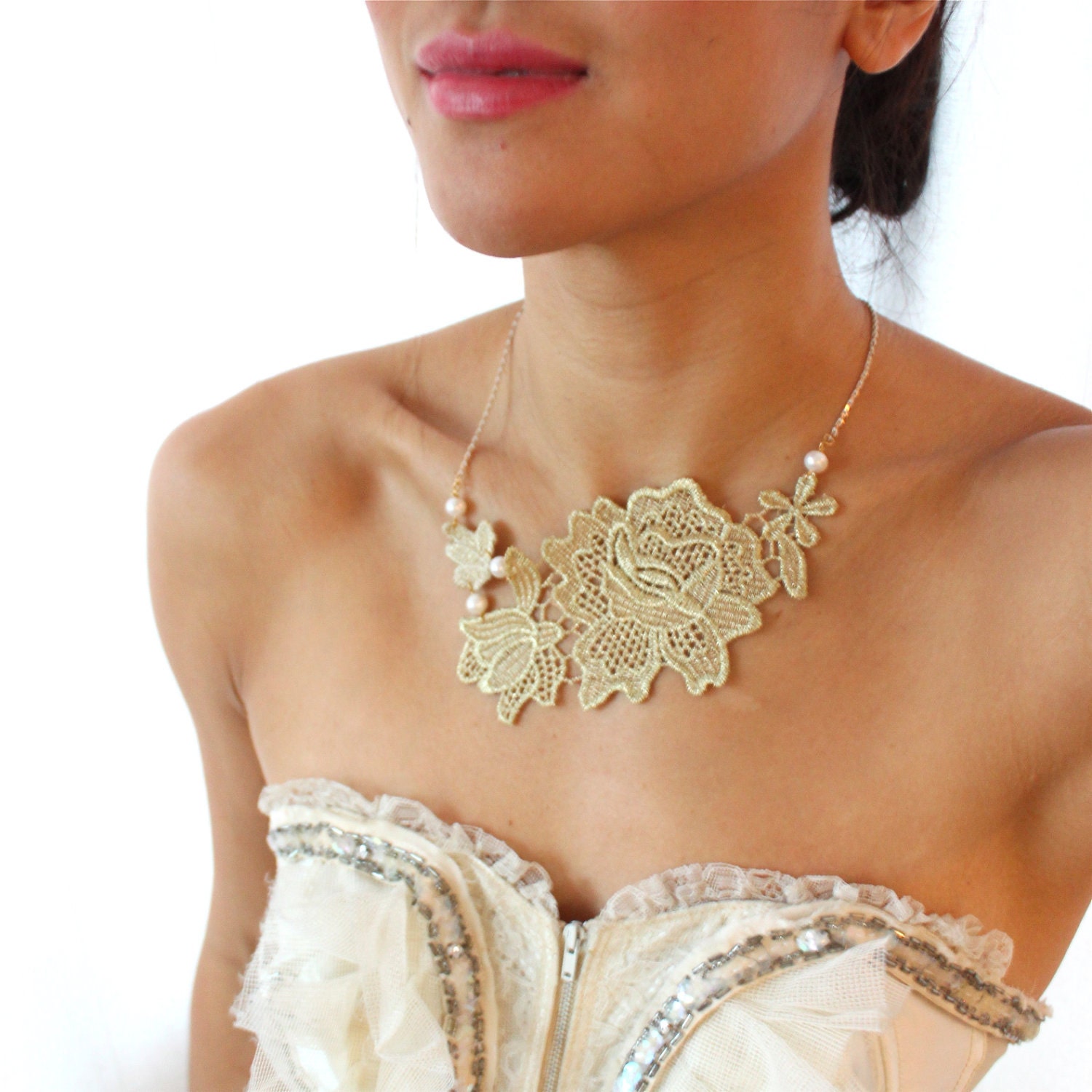 A Golden Rose - Lace and Freshwater Pearl Neckace in Gold Lace - SALE