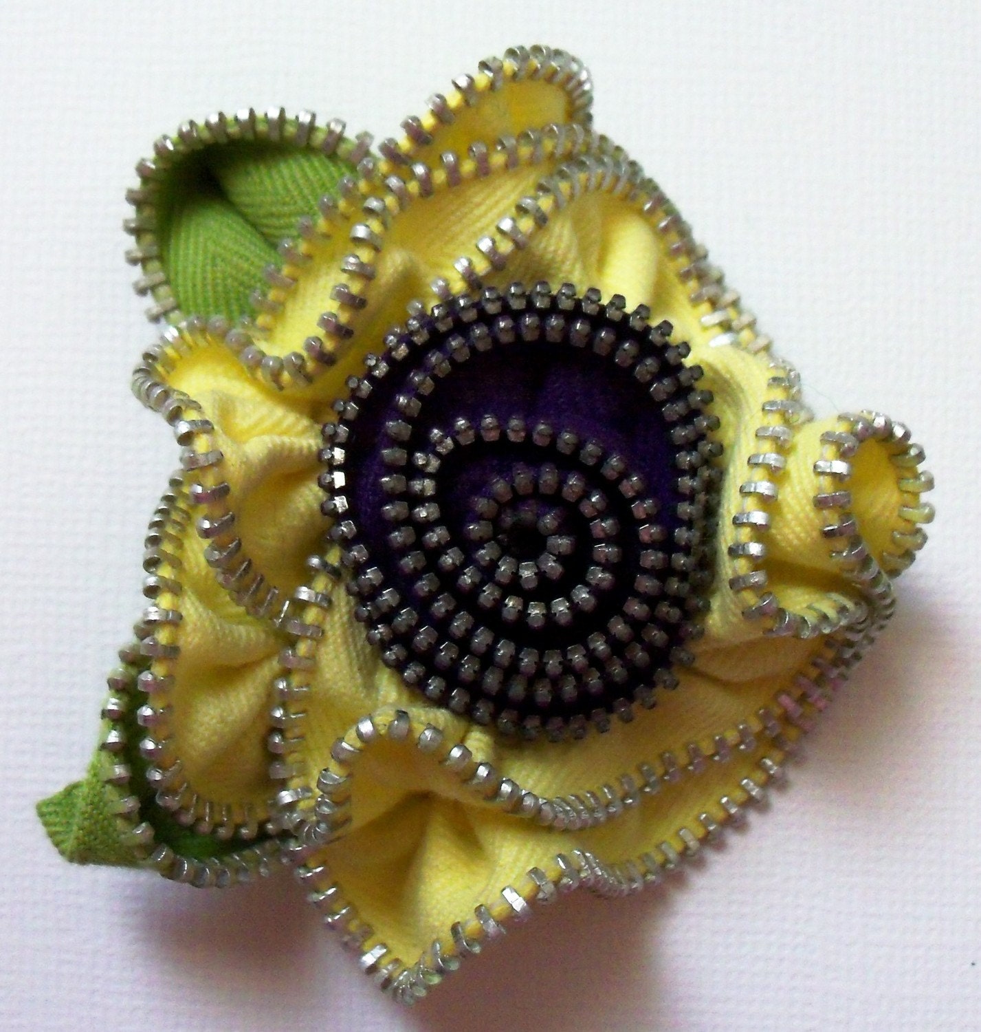 Yellow and Deep Purple  Floral Brooch / Zipper Pin by ZipPinning 1784