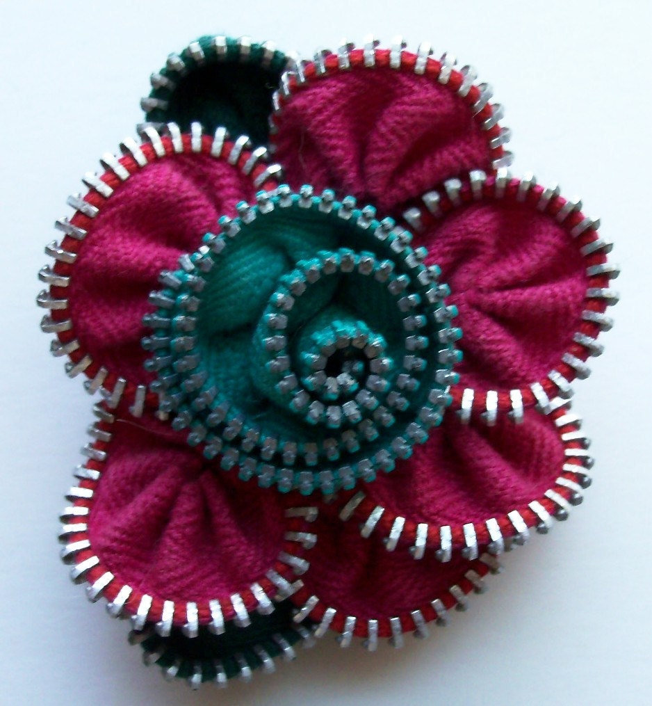 Magenta and Teal Floral Brooch / Zipper Pin by ZipPinning 2134