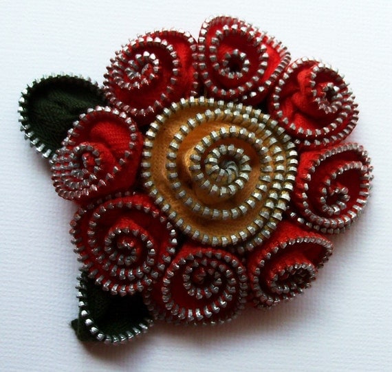 Red and Apricot Abstract Floral Brooch / Zipper Pin by ZipPinning - 2217