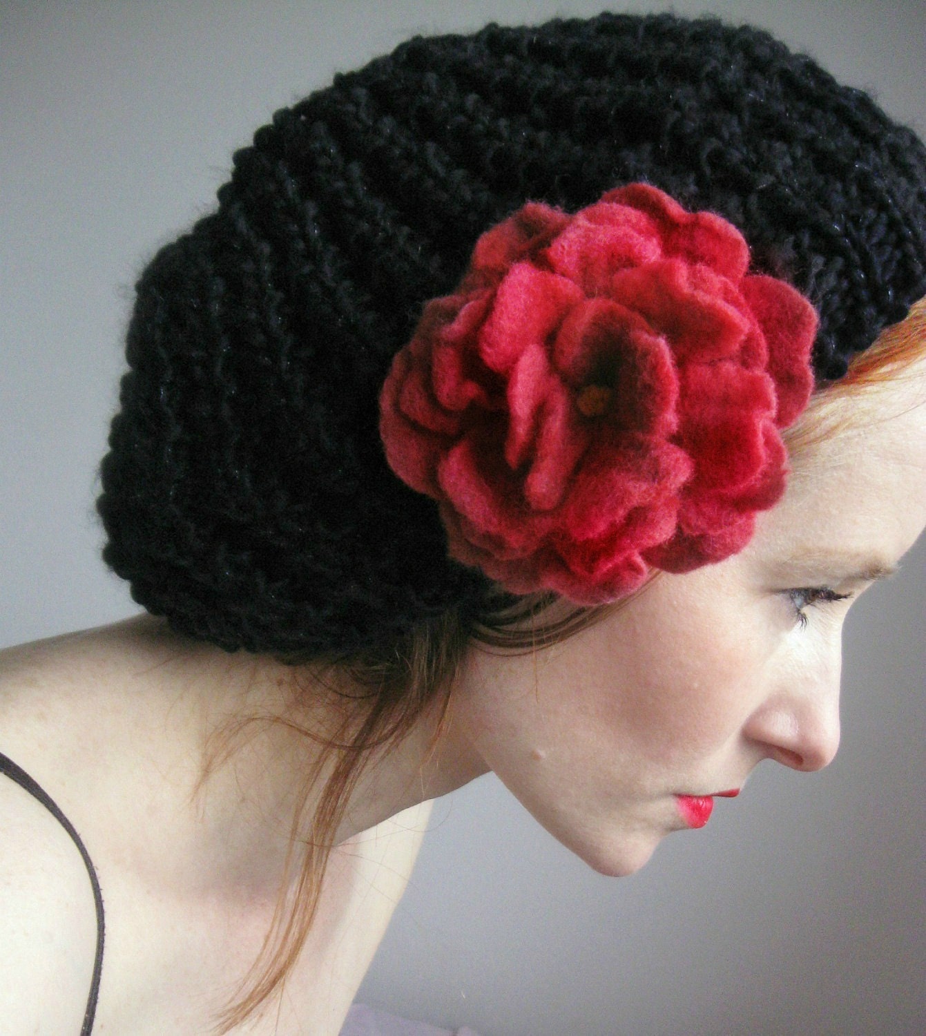 SALE Black Knit Beret with Hand Felted Bloom Black Chunky Knit Hat Floral with Red Rose