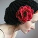 SALE Black Knit Beret with Hand Felted Bloom Black Chunky Knit Hat Floral with Red Rose