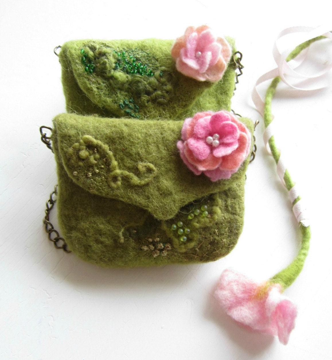 Olive Green Purse with Beads Hand felted