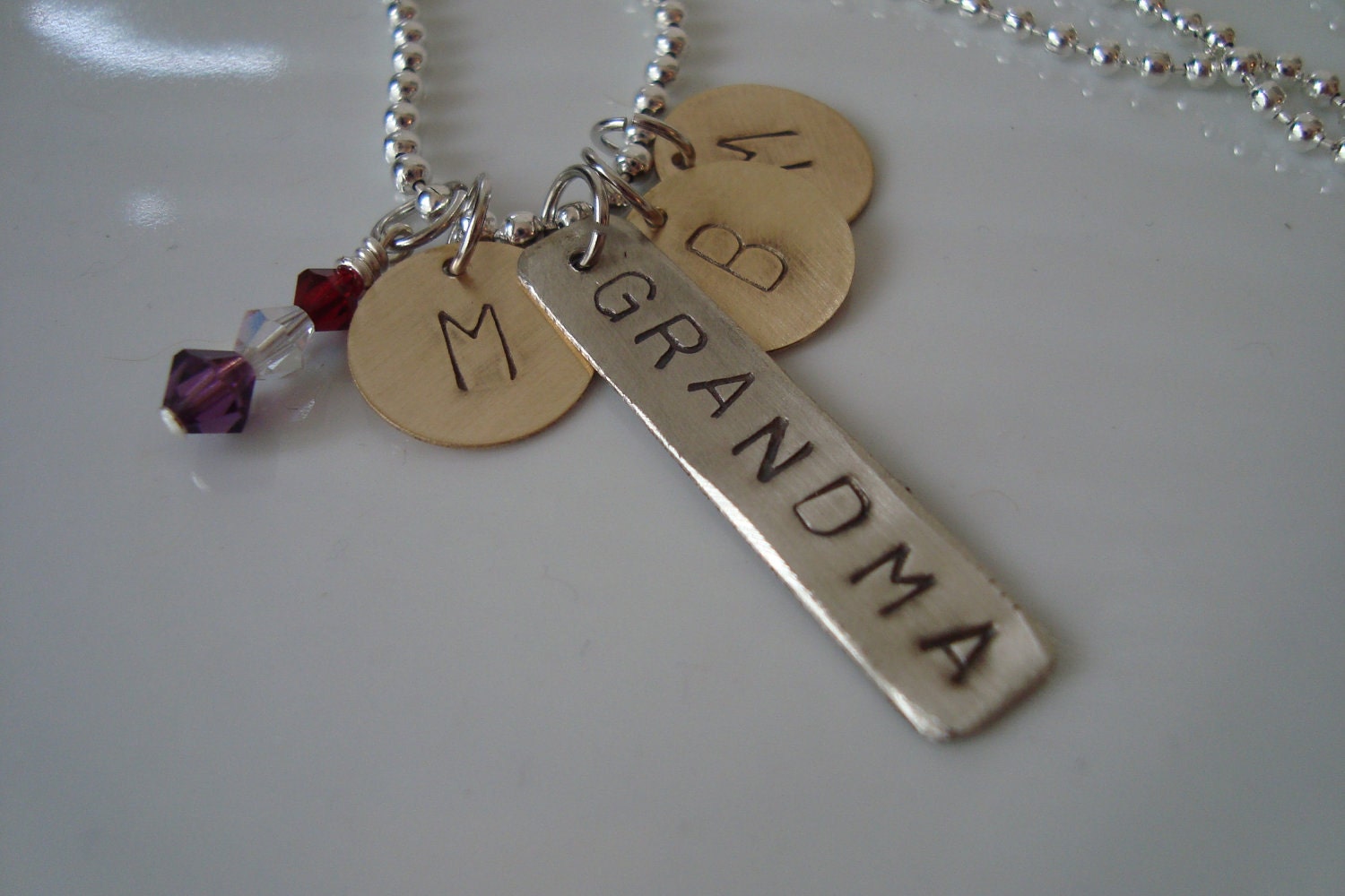 Custom Hand Stamped Necklace-Grandma with Initials and crystal dangles..I can customize it for you.
