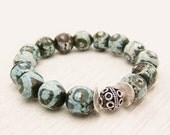 Blue Tibetan Agate Boho Bead Bracelet in Sterling Silver / sky aqua blue grey eye texture pattern / bohemian summer fashion / wedding brida