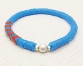 Blue Chevron Vintage African Trade Bead Bracelet with Sterling Silver / bright blue orange colorful tribal fresh neon bohemian