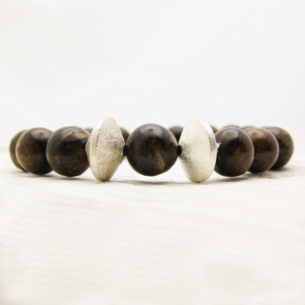 Bronzite Geometric Boho Statement Bracelet  w/ Sterling Discs / Brown Wood Tones / coffee chocolate mocha natural colors / woodland inspired