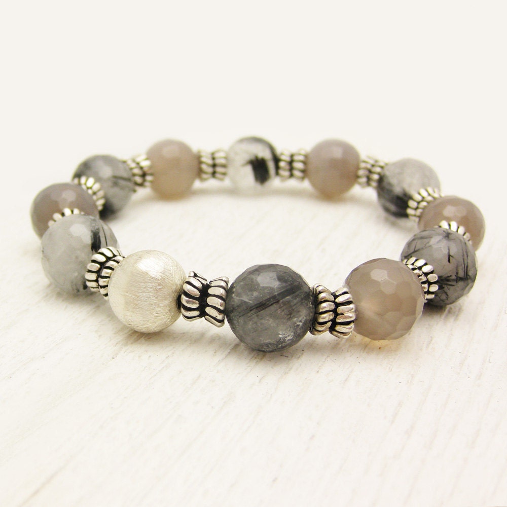 Rutilated Quartz Statement Bracelet in Sterling Silver with Grey Agate / black white gray zipper striped fancy storm clouds dreamy inspired