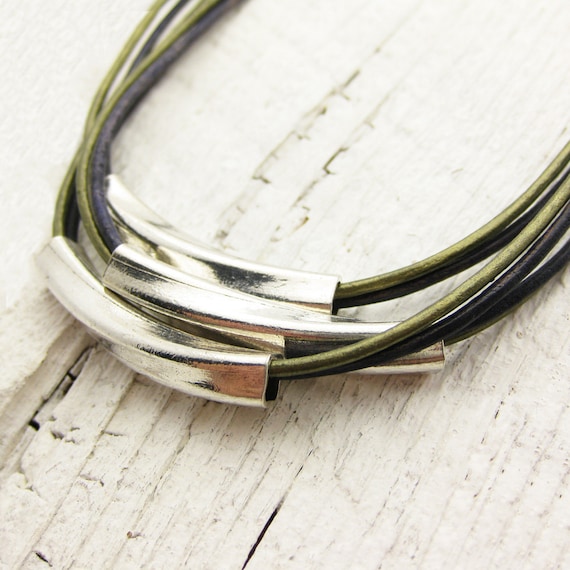 Leather & Sterling Geometric Tubes Necklace / Solid Sterling Silver / Eco Friendly Leather / olive blue metallic bib statement necklace
